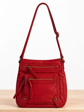 Women's Red Faux Leather Crossbody Bag with Front Zip Pockets